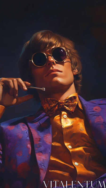 Velvet twilight crowns a retro dandy in molten neon silk