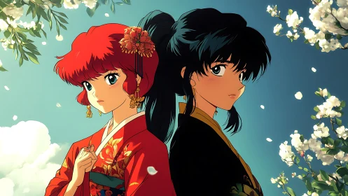 Twin spring kimonos and drifting petals in quiet resolve.