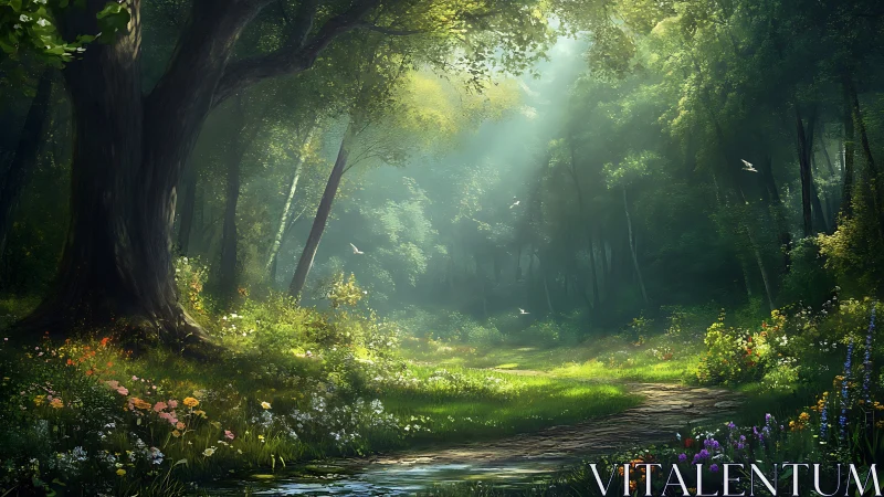 Old-growth forest pathway with dramatic volumetric light rays