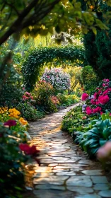 Stone garden path with flowering borders under green archway.