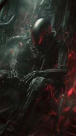 Cyberpunk exosuit sentinel in industrial stasis chamber design.