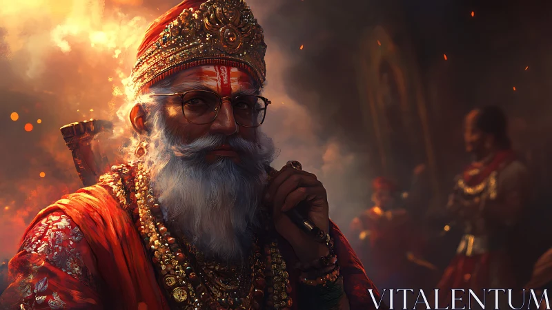 Regal elder priest in ember lit temple haze, ornate regalia