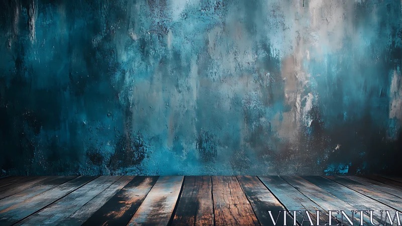 Cozy rustic room with teal textured wall and worn wood floor.
