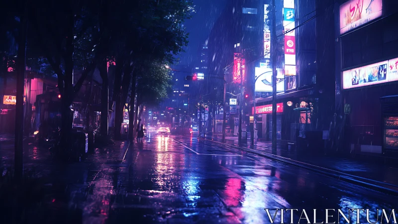Neon city street glowing softly in a quiet midnight rain.
