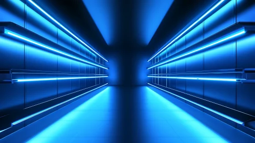 Futuristic blue neon corridor with symmetric linear lighting design.