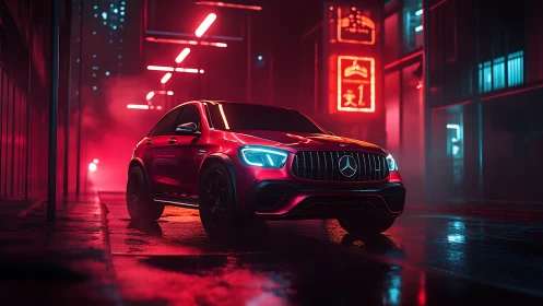 Red Mercedes SUV in wet neon-lit urban alley at night.