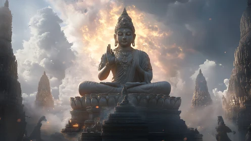Serene seated Buddha statue amid towering misty temples.