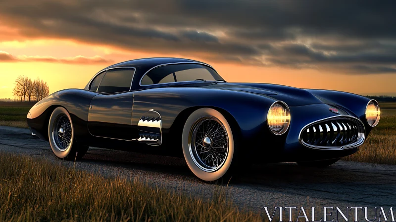 Classic dark blue sports coupe parked on rural road at dusk