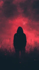 Hooded silhouette adrift in crimson stormlit twilight field.