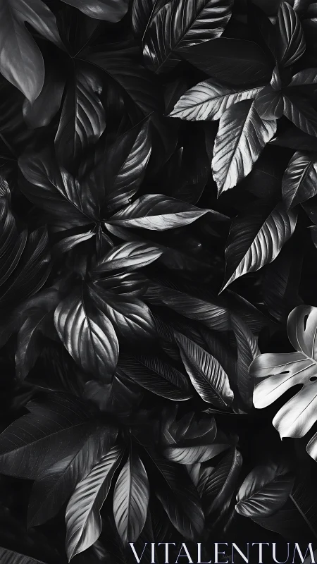 Monochrome jungle leaves glow with dramatic highlights.