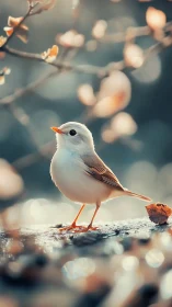 Songbird rests on branch amid soft autumn bokeh glow.