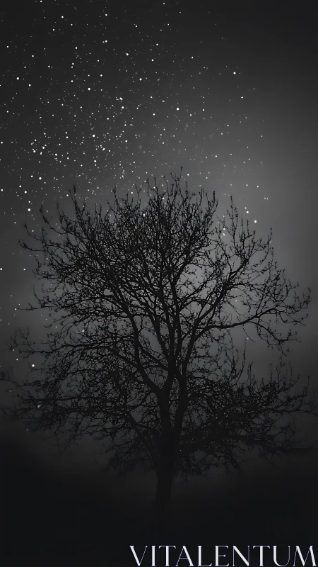 Silhouetted winter tree intersects dense star field in monochrome