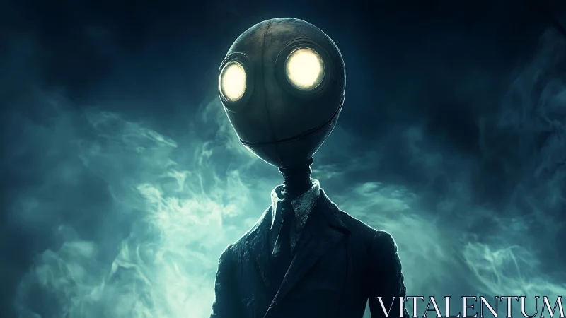 Foglit android gentleman with glowing eyes in midnight haze.