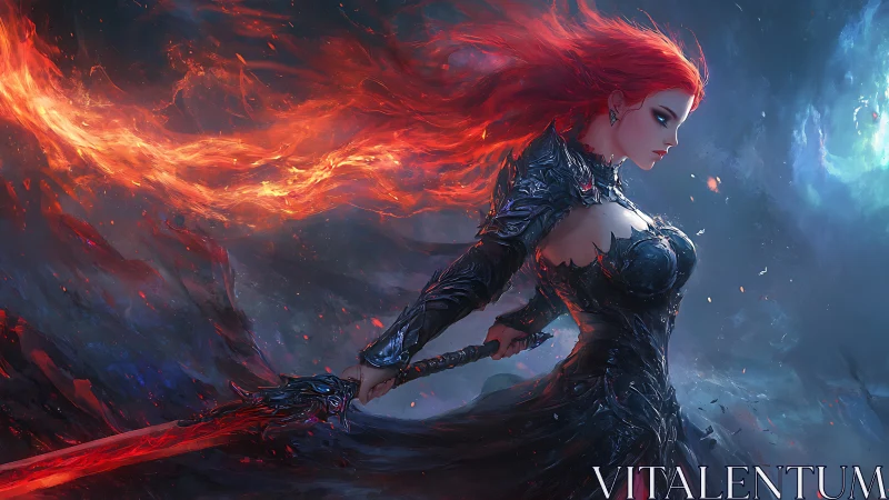 Flame haired warrior strides through a storm of embers and night
