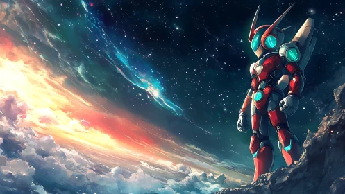 Starry horizon sentinel in sleek red space armor.