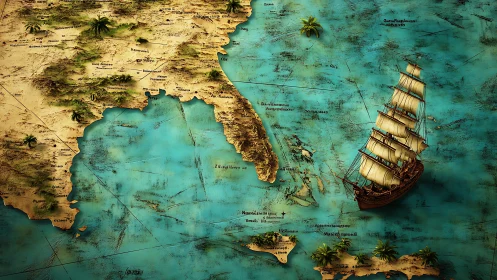 Old-world nautical map with sailing ship near coastline.