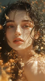 Backlit close-up portrait with specular highlights and floral bokeh