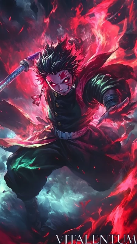 Bladeborn inferno warrior lunges through swirling wildfire flames.