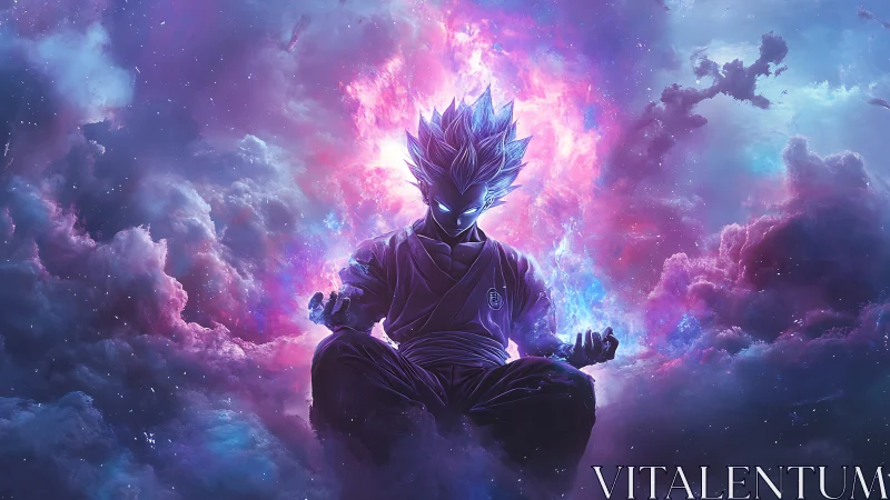 Cosmic chi convergence around meditating anime energy core.