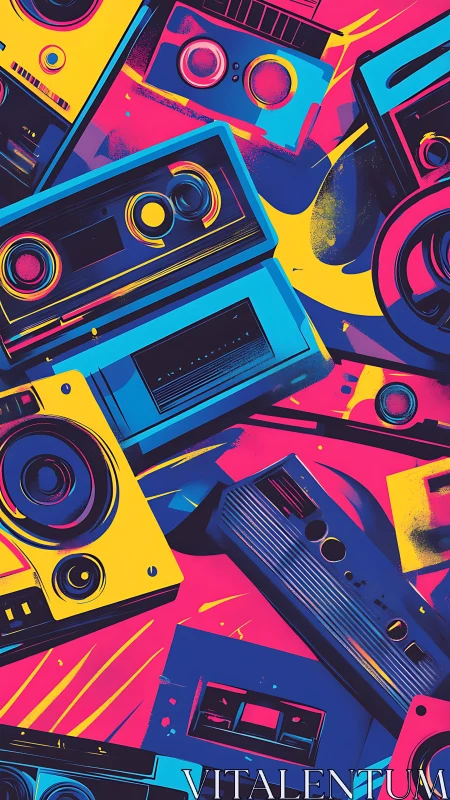 Bold retro audio devices in neon pop art composition.
