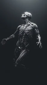 Anatomy of Ascension: luminous muscle figure in void.