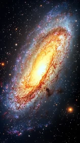 Spiral galaxy core glowing with golden ionized dust fields.