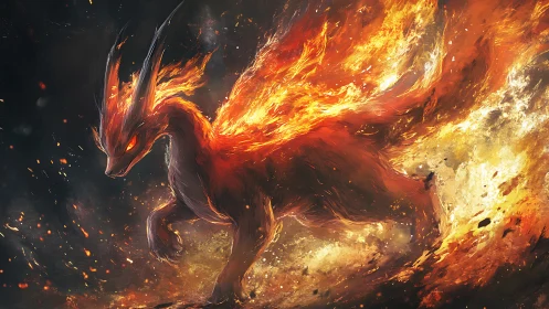 Fiery fox beast runs through molten inferno with blazing speed