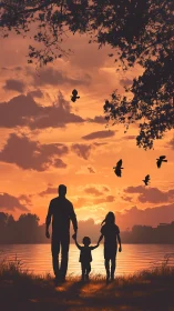 Silhouetted family by lakeside under orange sunset sky.