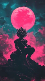 Cosmic warrior resting beneath a neon candy moon.