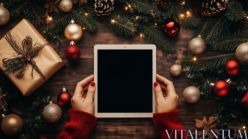 Cozy holiday hands cradle a tablet amid festive sparkle.