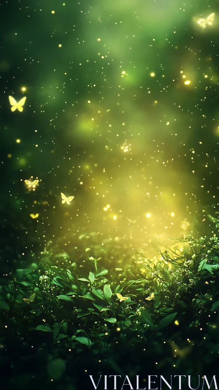 Glowing butterflies drift through an enchanted emerald forest