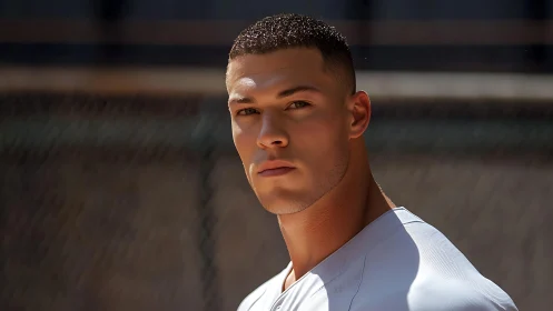 Male athlete portrait in outdoor sports court sunlight.