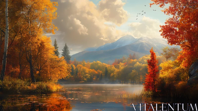 Golden autumn lake beneath distant snowcapped peaks.