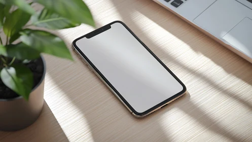 Modern workspace with smartphone and natural light.