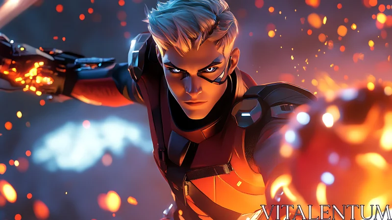 Armored figure in dynamic forward pose amid orange sparks.