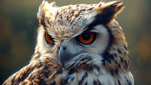 Majestic Owl Close-Up in Warm Natural Light, Photorealistic Style.