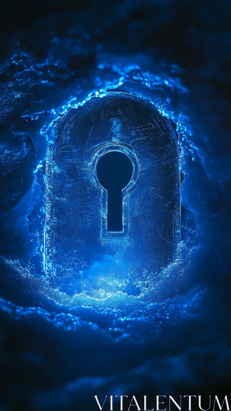Frozen metal keyhole glowing with intense blue light.