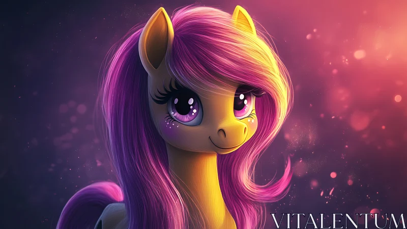 Digital portrait of stylized pony character in soft light.