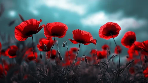 Vibrant Red Poppies With Dark Centers Against Turquoise Storm Sky