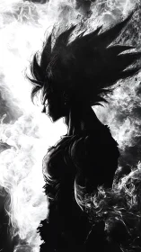 Silhouetted anime warrior emerges from swirling white smoke.