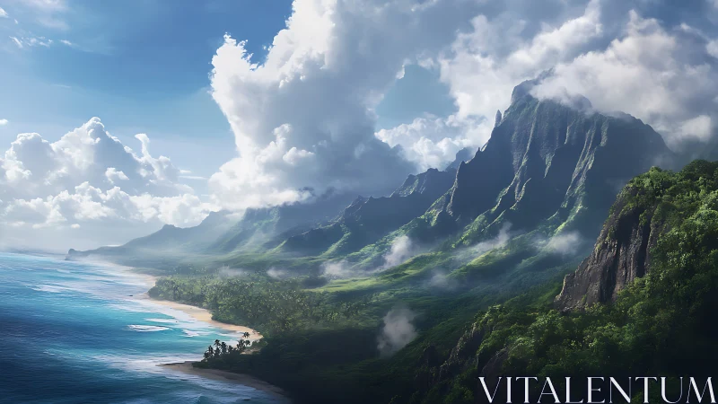 Dramatic tropical valley with knife-edged peaks and waterfall-carved cliffs.