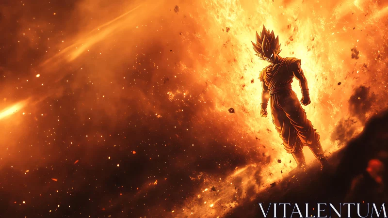 Celestial warrior silhouette amid incandescent cosmic shockwave