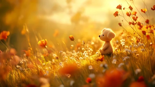 Soft toy bear sits dreaming in a golden sunset meadow