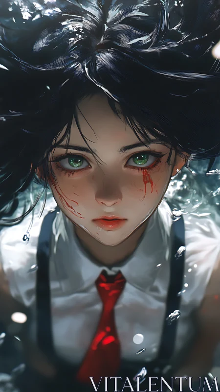 Injured anime girl underwater with intense green eyes.