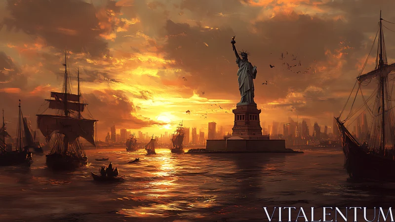 Digital painting seascape with Statue of Liberty at sunset.