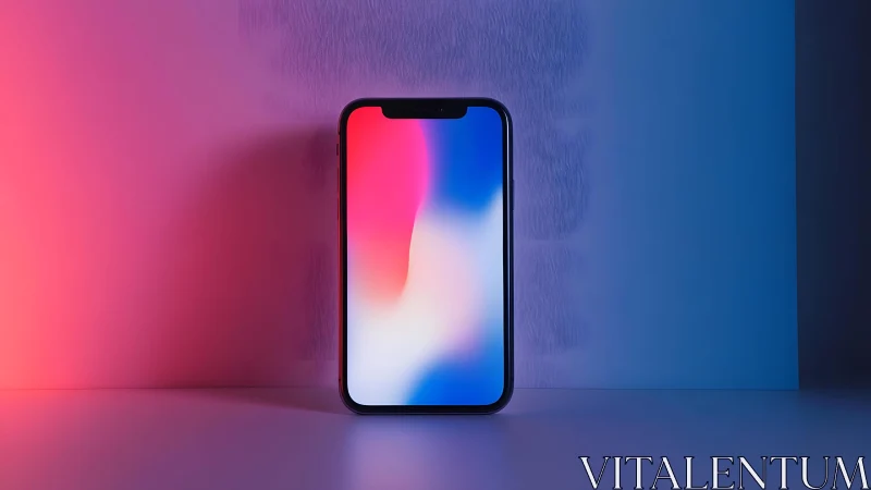Modern smartphone standing upright with colorful gradient lighting.