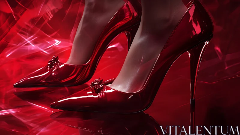 Red patent stilettos reflect vivid studio lighting dramatically