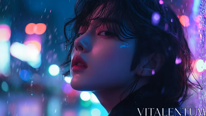 Neon-soaked portrait of youth in luminous urban rainstorm.
