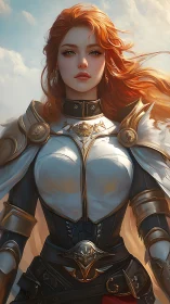 Armored red-haired paladin rendered in high-fidelity digital painting