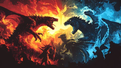 Fire and ice dragons clash in dramatic fantasy battle scene.